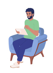 Bearded man with tablet device in armchair semi flat color vector character. Editable figure. Full body person on white. Simple cartoon style spot illustration for web graphic design and animation