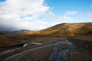 country landscape with river and hills in iceland