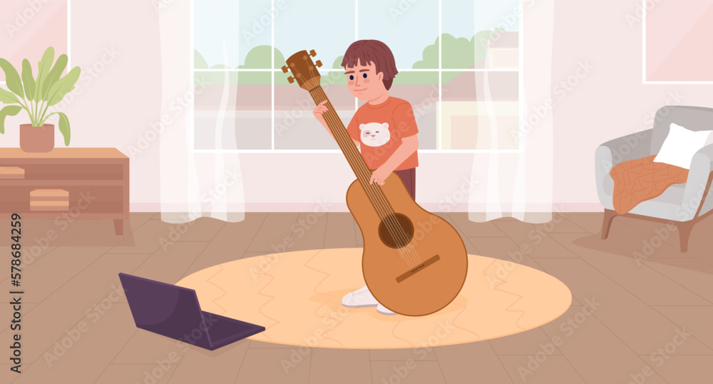 Poster online music class for kid flat color vector illustration. small boy playing guitar using video tuto