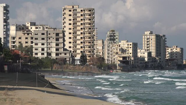 Waves Crash On Shore Near Broken Hotels And Apartments At The Beach Of Verosha, A Widely Popular Neighborhood In Famagusta That Was Largely Abandoned Since The 1974 Turkish Invasion Of Northern Cyprus