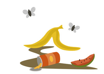 Garbage. Rotten food with flies. Rotten banana, watermelon, tin can and slop. Unsorted garbage in trash containers. Environmental disaster, garbage sorting. Vector cartoon Illustration. 