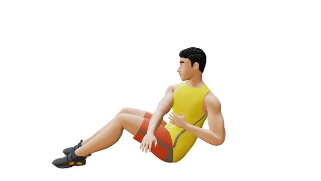 3D Render. Man Character doing V-Sit Cross Punch. Abs and Obliques workout in 3d animation. Perfect for fitness themed productions, healthy, diet, weight loss. V-Sit Cross Punch Exercise