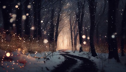A glittery forest, with trees covered in sparkling snow and glitter bokeh lights scattered, Generative AI, illustration