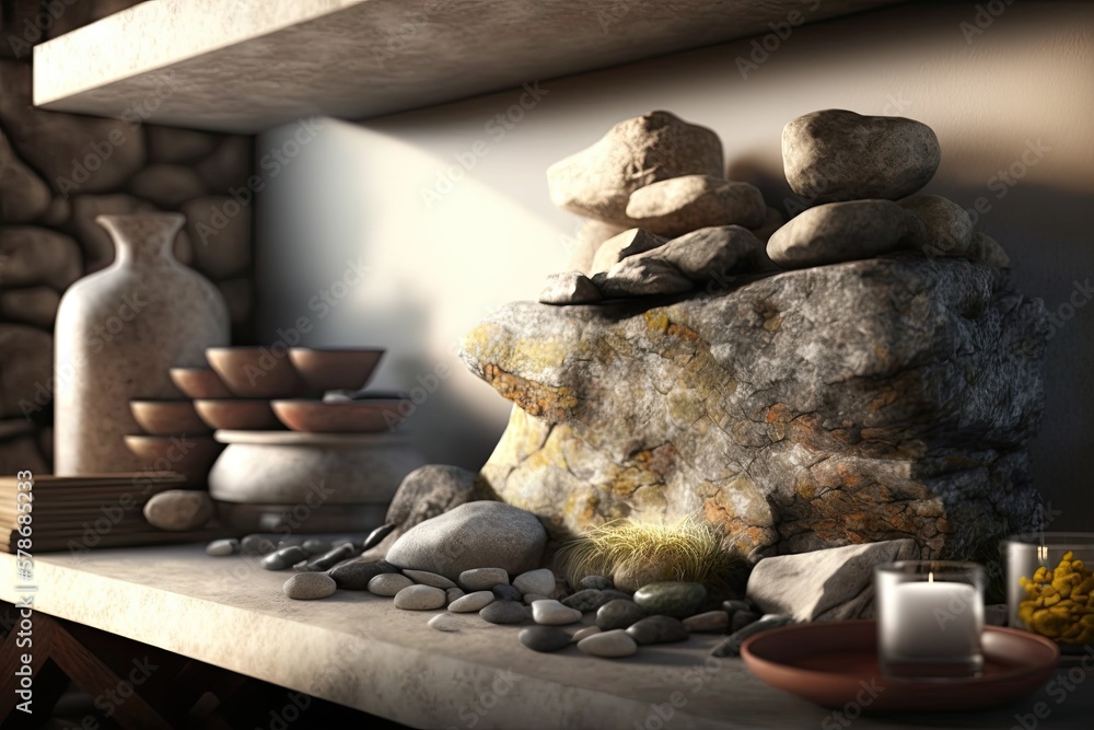 Poster a product display using a rock shelf with a blurred foreground to highlight the natural worn texture