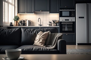 Living room background with sofa and soft blur effect. Natural lighting daytime photograph of a black kitchen. Ai generative.