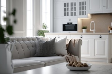 Living room background with sofa and soft blur effect. Natural lighting daytime photograph of a white kitchen. Ai generative.