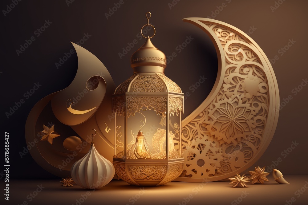 Aufkleber generative ai of ramadan kareem background with golden lantern and crescent moon
