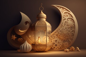 Generative AI of Ramadan Kareem background with golden lantern and crescent moon