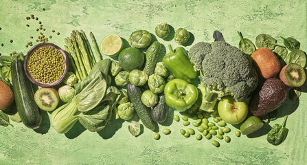 Collection of fresh green vegetables. Broccoli, zucchini, asparagus, beans, brussels sprouts kiwi...