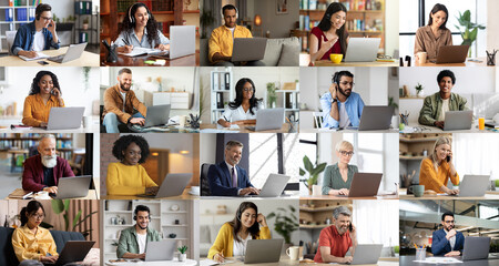 Multiethnic business people working on laptop, collage