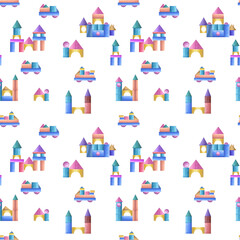 Watercolor seamless pattern of wooden block buildings isolated on white background. Hand painted illustration for children print, poster, decor, wallpaper, wrapping, fabric, textile.