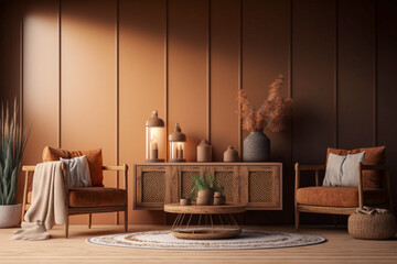 Cozy home interior with wooden furniture on brown background, empty wall mockup in boho decoration, 3d render, generative Ai