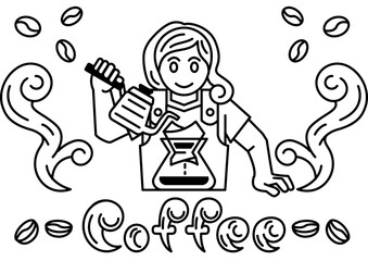 Barista girl brews coffee. She pours boiling water from the coffee pot onto the roasted and ground coffee beans. The character make a hot drink. Linear print on packaging. Transparent background.