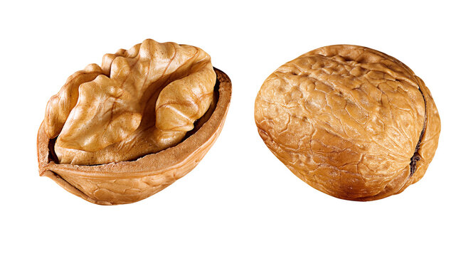 nozes inteira e quebrada isoladas em fundo transparente - Noz inteira e noz quebrada