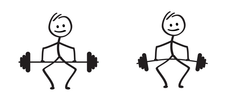 Cartoon Sportsman Stickman, Stick Figure Man And Weightlifting. Weightlift Icon Or Pictogram. Fitness Workout. Weightlifter Lifts Big Or Heavyweight Barbell. Bodybuilding Process Of Squat.