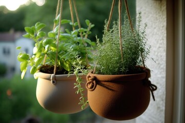 Herbs like rosemary and thyme, along with other spices, grow in hanging planters on the balcony. Generative AI