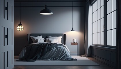 Modern bedroom interior background at night, created with Generative AI technology.