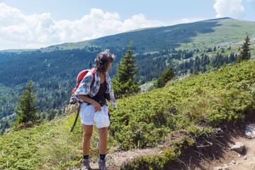 Woman Hiking  in the summer mountain with pine trees  . Vitosha mountain ,Bulgaria