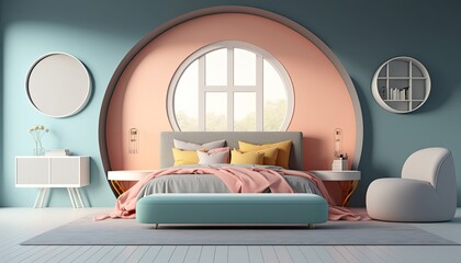 Pastel colors bedroom interior background, created with Generative AI technology.