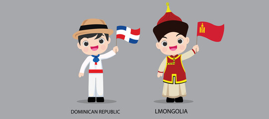 People in national dress.Dominican Republic,Mongolia,Set of pairs dressed in traditional costume. National clothes. Vector illustration.