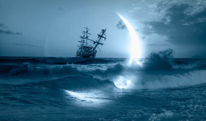 Sailing old ship in a storm sea with crescent moon stormy clouds in the background 