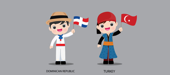 Obraz na płótnie Canvas People in national dress.Dominican Republic,Turkey,Set of pairs dressed in traditional costume. National clothes. Vector illustration.