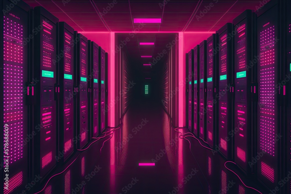 Poster image of a server room at night, showing rows of lit racks. information and communication technologi