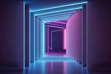 Neon Light, Abstract Flying in futuristic corridor background with mirrors, 3d render pink, purple, blue and violet glowing lines, created with Generative AI