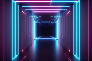 Neon Light, Abstract Flying in futuristic corridor background with mirrors, 3d render pink, purple, blue and violet glowing lines, created with Generative AI