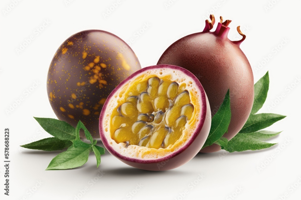 Poster passionfruits that have been separated from the rest of the pack. half a maracuya passion fruit on a