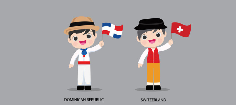 People in national dress.Dominican Republic,Switzerland,Set of pairs dressed in traditional costume. National clothes. Vector illustration.