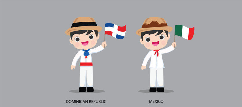 People in national dress.Dominican Republic,Mexico,Set of pairs dressed in traditional costume. National clothes. Vector illustration.