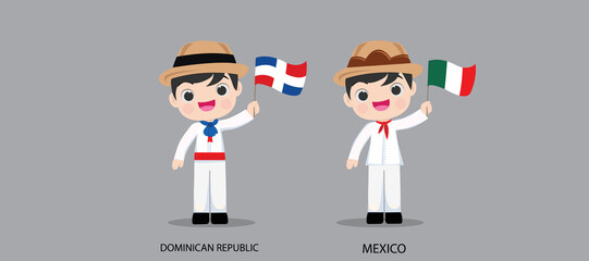 Obraz na płótnie Canvas People in national dress.Dominican Republic,Mexico,Set of pairs dressed in traditional costume. National clothes. Vector illustration.