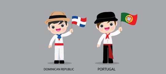 Obraz na płótnie Canvas People in national dress.Dominican Republic,Portugal,Set of pairs dressed in traditional costume. National clothes. Vector illustration.
