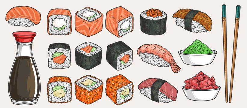 Sushi appetizer emblems set colorful
