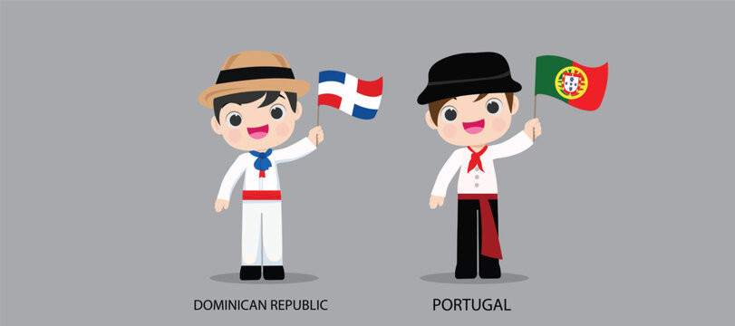 People in national dress.Dominican Republic,Portugal,Set of pairs dressed in traditional costume. National clothes. Vector illustration.