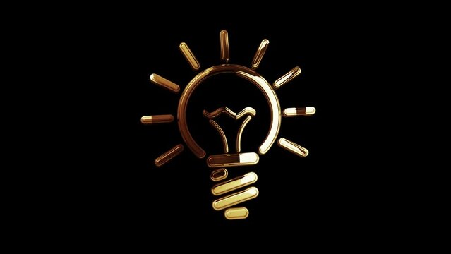 Bulb idea creative innovation and success inspiration golden metal shine symbol concept. Spectacular glowing and reflection light icon abstract 3d animation. Isolated object.