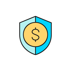 Protection money, shield with coin, money safety , insurance color lineal icon. Finance, payment, invest finance symbol design.