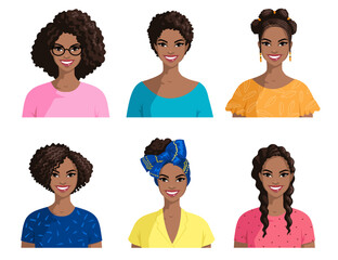 Portraits of smiling African women. A group of dark-skinned women with various afro hairstyles. Beautiful female portraits isolated on white. Great for avatars. Cartoon style, vector.