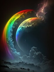 Rainbow on the moon, fantastic illustration, created with Generative AI technology.