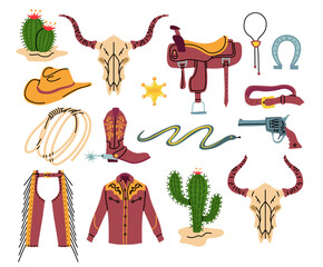 Vector illustration. Cowboy hand drawn doodles set. Horse saddle, sheriff star, lasso rope with skull and cacti plants. Shoes with spurs. Illustration with cowboy hat, protecting pants, shirt and gun