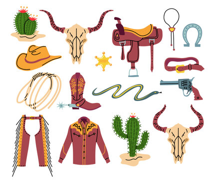 Vector illustration. Cowboy hand drawn doodles set. Horse saddle, sheriff star, lasso rope with skull and cacti plants. Shoes with spurs. Illustration with cowboy hat, protecting pants, shirt and gun