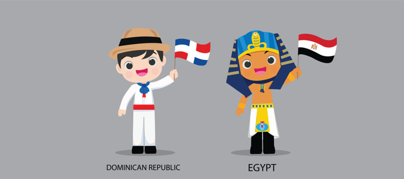 People in national dress.Dominican Republic,Egypt,Set of pairs dressed in traditional costume. National clothes. Vector illustration.