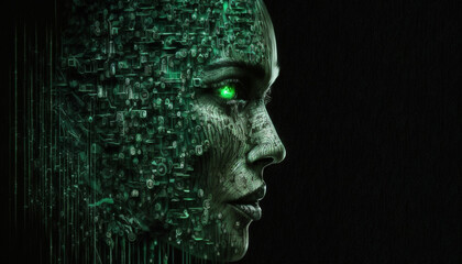 Generative Ai Binary Head, Human Technology Concept v2