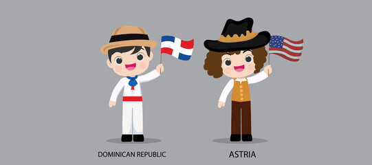 People in national dress.Dominican Republic,Astria,Set of pairs dressed in traditional costume. National clothes. Vector illustration.