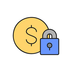 Coin with lock, money protection, finances security, deposit savings color lineal icon. Finance, payment, invest finance symbol design.
