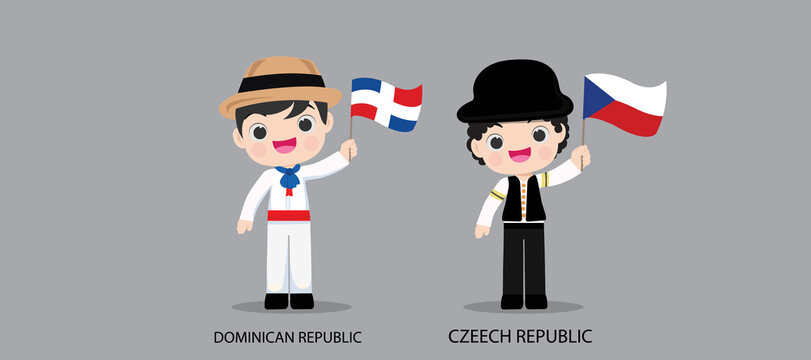 People in national dress.Dominican Republic,Czeech Republic,Set of pairs dressed in traditional costume. National clothes. Vector illustration.