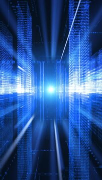 Digital cyberspace abstract vertical animation. Moving numbers and lines appear on a blue background. Abstract digital security, artificial intelligence concepts. Seamless loopable animation.