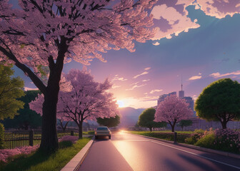 Fototapeta premium the road with many cherry blossom trees in bloom