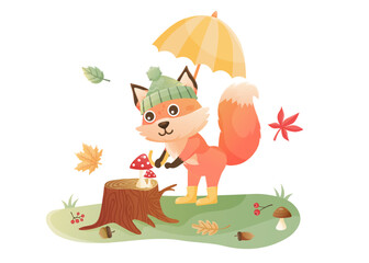 Autumn fox character. Cute cartoon fox walking in autumn forest. Autumn leaves, mashrooms.